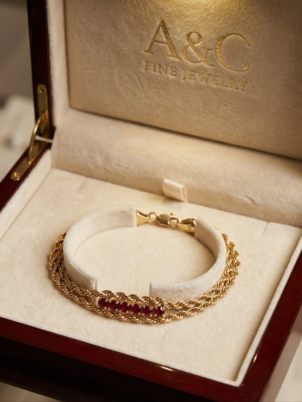 GOLD  VERMEIL DOUBLE BRAID 7" RUBY  CRYSTAL  BRACELET